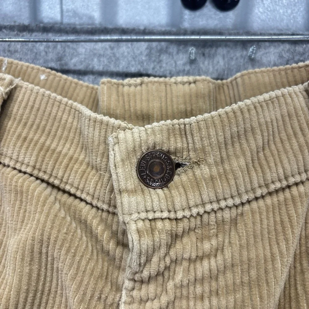 Vintage 1970s Levi's Corduroy Flare Pants 33x29 Tan Talon Zip USA Distressed